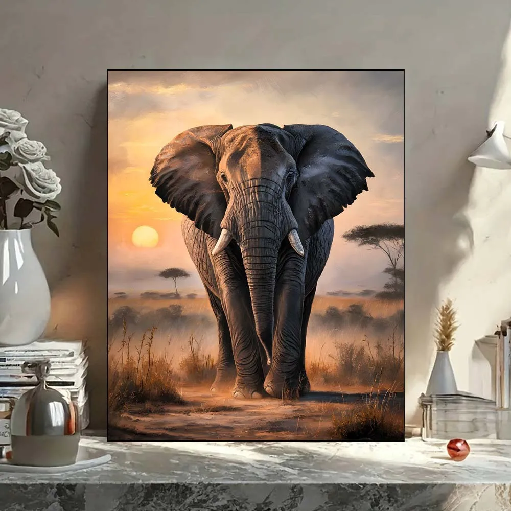 الفيل المهيب في السافانا الأفريقية عند غروب الشمس مفصلة قماش الفن لتقوم بها بنفسك مجموعة لوحات زيتية رقمية للبالغين المبتدئين لا الإطار #3