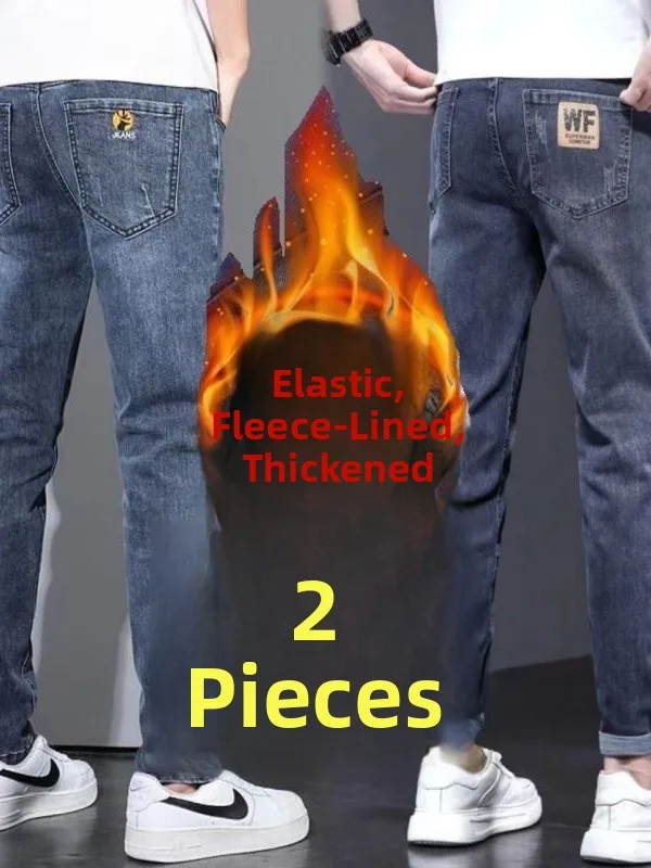 

Men's Winter Thiened Fce Lined Jeans Slim Fit Casual Elastic Long Trousers mid Waist Zipper ket Youth Faion