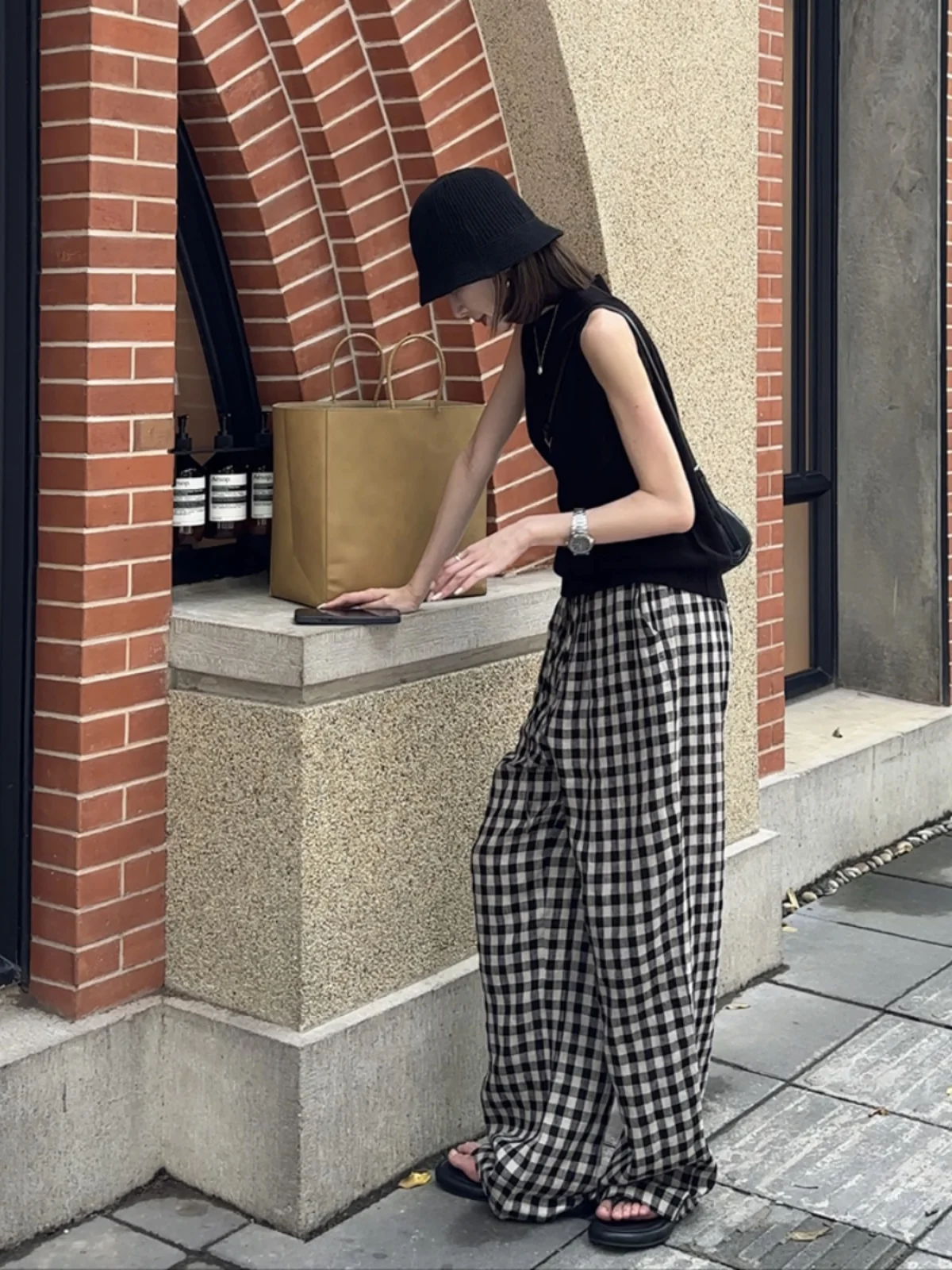 

l Linen Texture Comfortable Plaid Pants Spring Summer Lazy Match Week Wide Leg Pants High Waist Long Pants