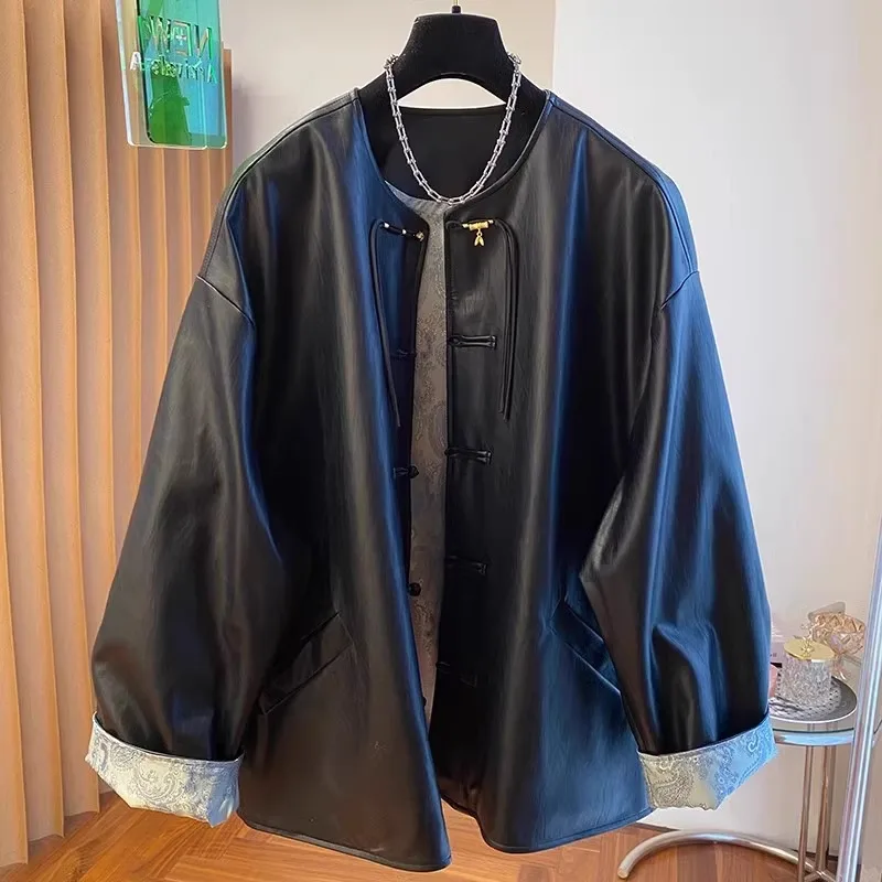 

Loose Men's PU Leather Jaet plus Size Autumn Winter Coat Couple Matching High Waist Slimming Chinese Sle Outerwear