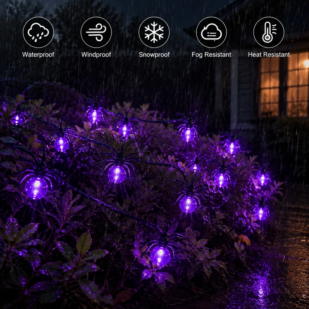 Halloween Solar Spider String Lights 5M/16.4FT 20LED Purple Outdoor Waterproof LED Garden Party Decorations