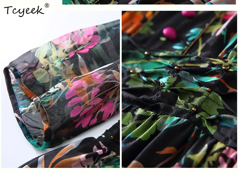 Tcyeek, 100% 리얼 실크 우아한 드레스, 여성 하프 슬리브 꽃 프린트, 복고풍 패션 OL 드레스, 2024 봄 여름 새로운 D44072QM