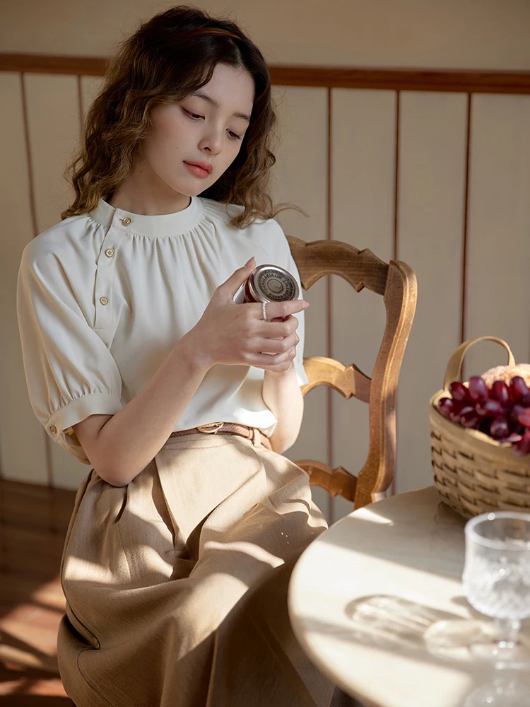 

Новая женская рубашка в китайском стиле, модная, абрикосового цвета, из ацетатного атласа, с коротким рукавом, летняя, ретро, шифоновый топ, весна-осень