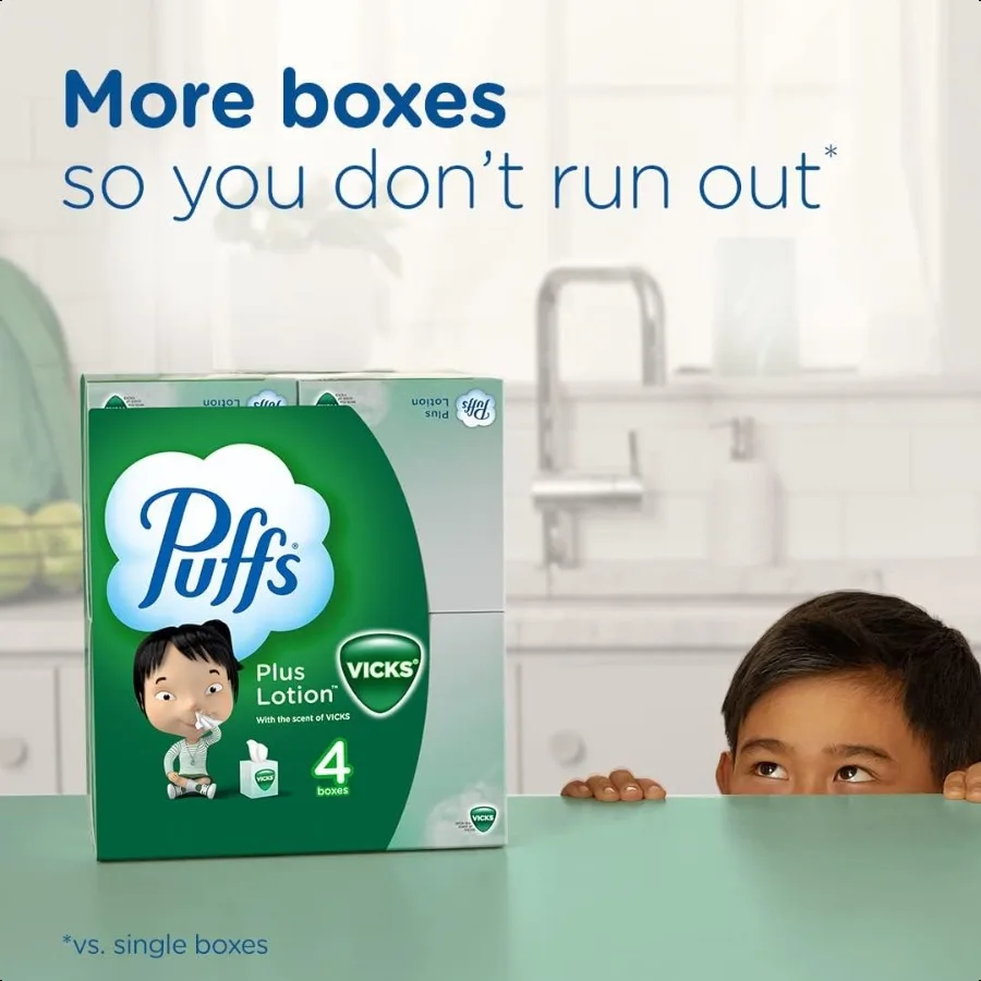 لوشن Puffs Plus مع مناديل الوجه Vicks 4 مكعبات 48 مناديل لكل صندوق 192 مناديل