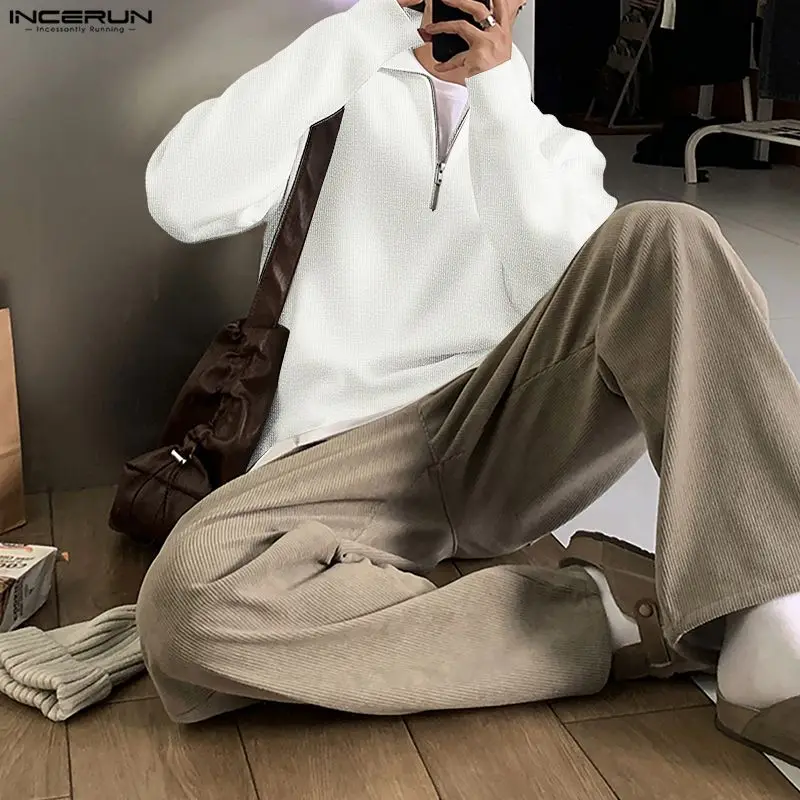 

INCERUN мужской свитер однотонный вязаный мужской пуловер на молнии с длинными рукавами уличная одежда в корейском стиле модная повседневная мужская одежда