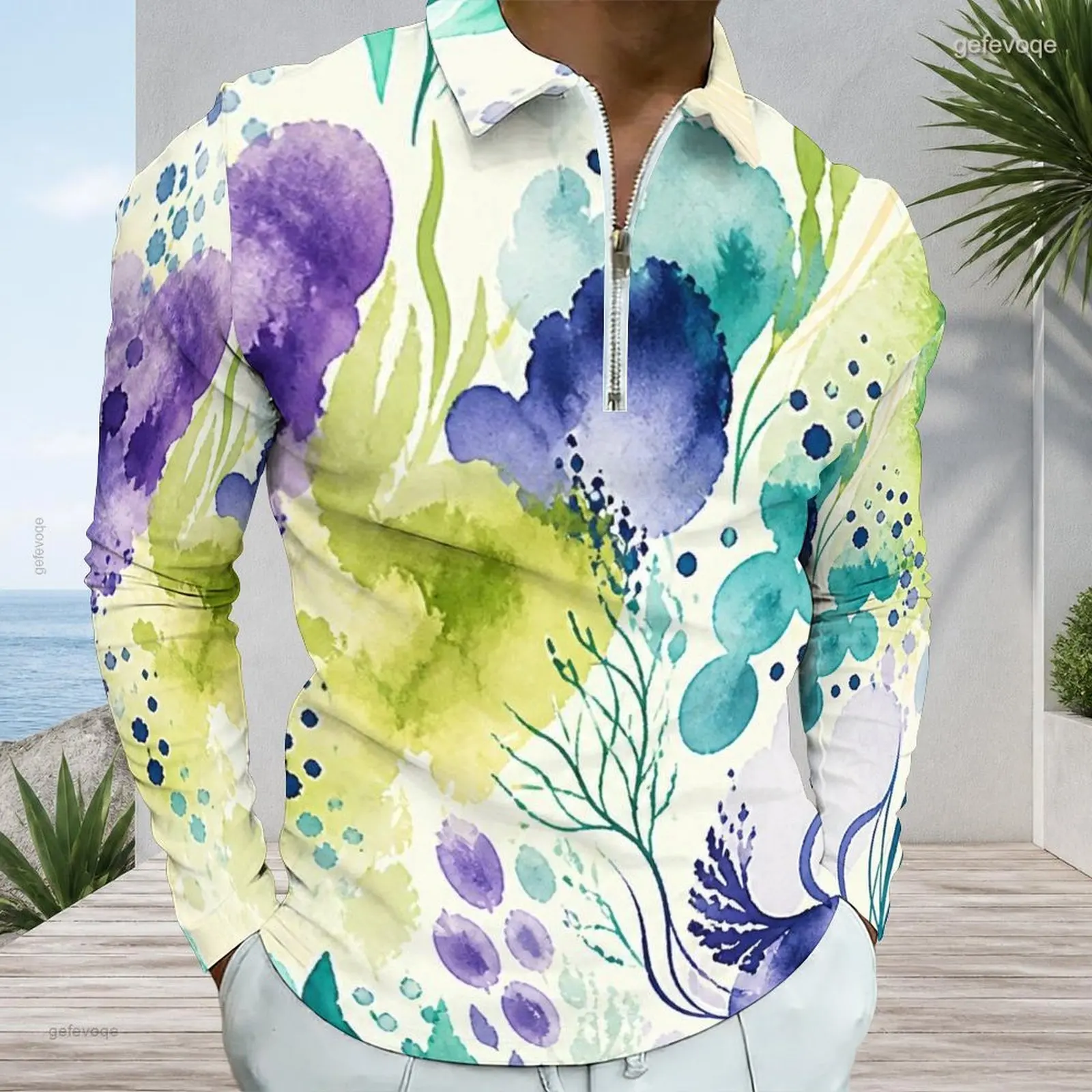 Men Printed Polo Shirt Long Sleeve Collared Neck Quarter Zip