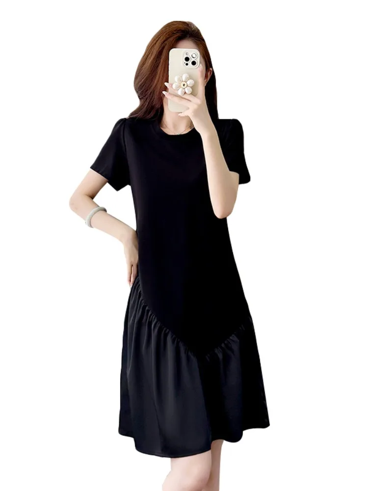 plus Size Summer Dress Women's Fashionable Versatile Belly Cover High Quality Slimming T-Shirt Dress Korean Style Casual Wear