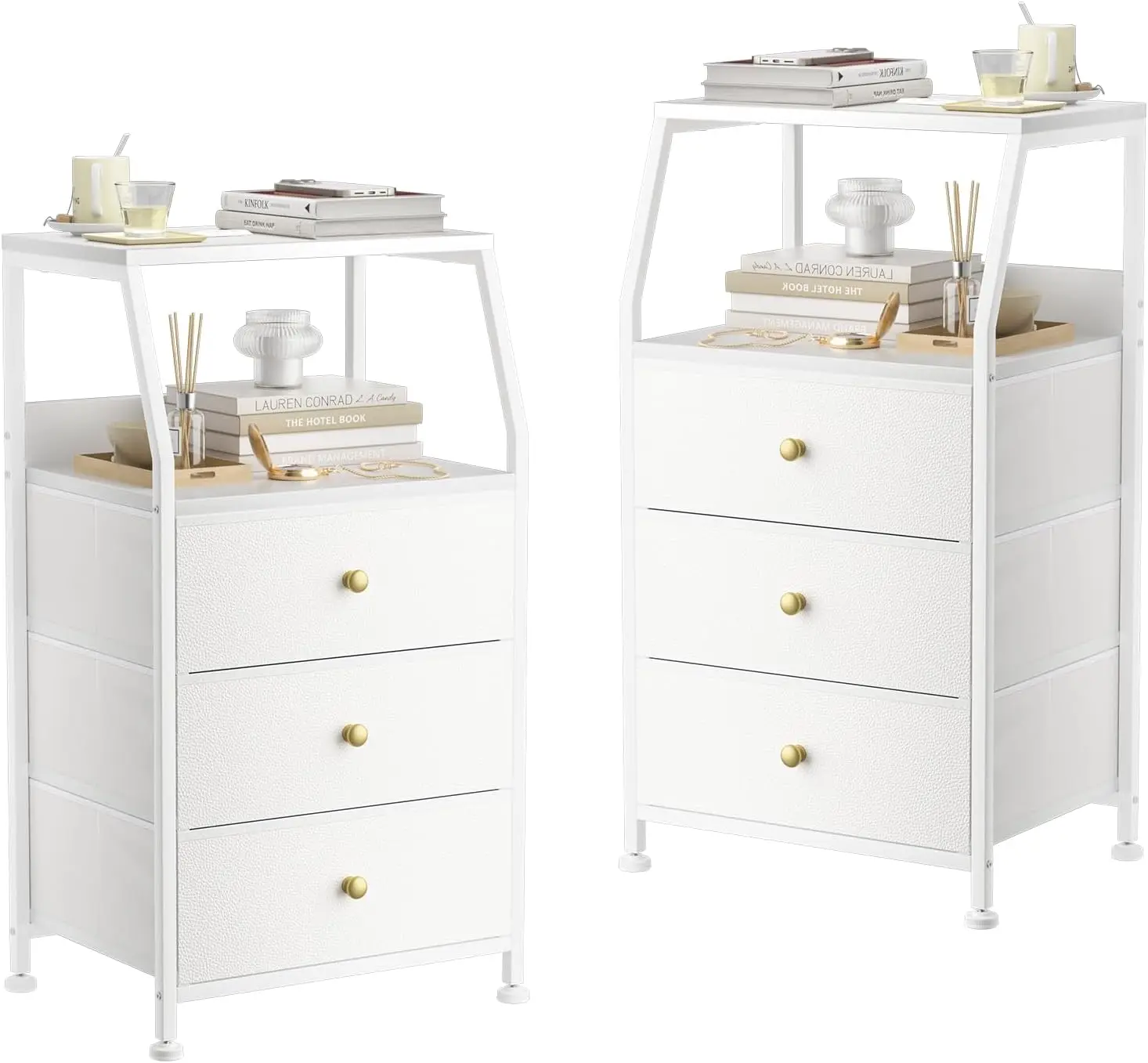 

Set Of 2 White Nightstand With 3 Fabric Storage Drawers, Small Dresser For Bedroom, Entryway, Hallway, College Dorm Furniture