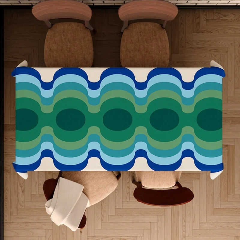 1pc Blue-Green Gradient Ripple Tablecloth - Retro Art Style Tableclothzyc