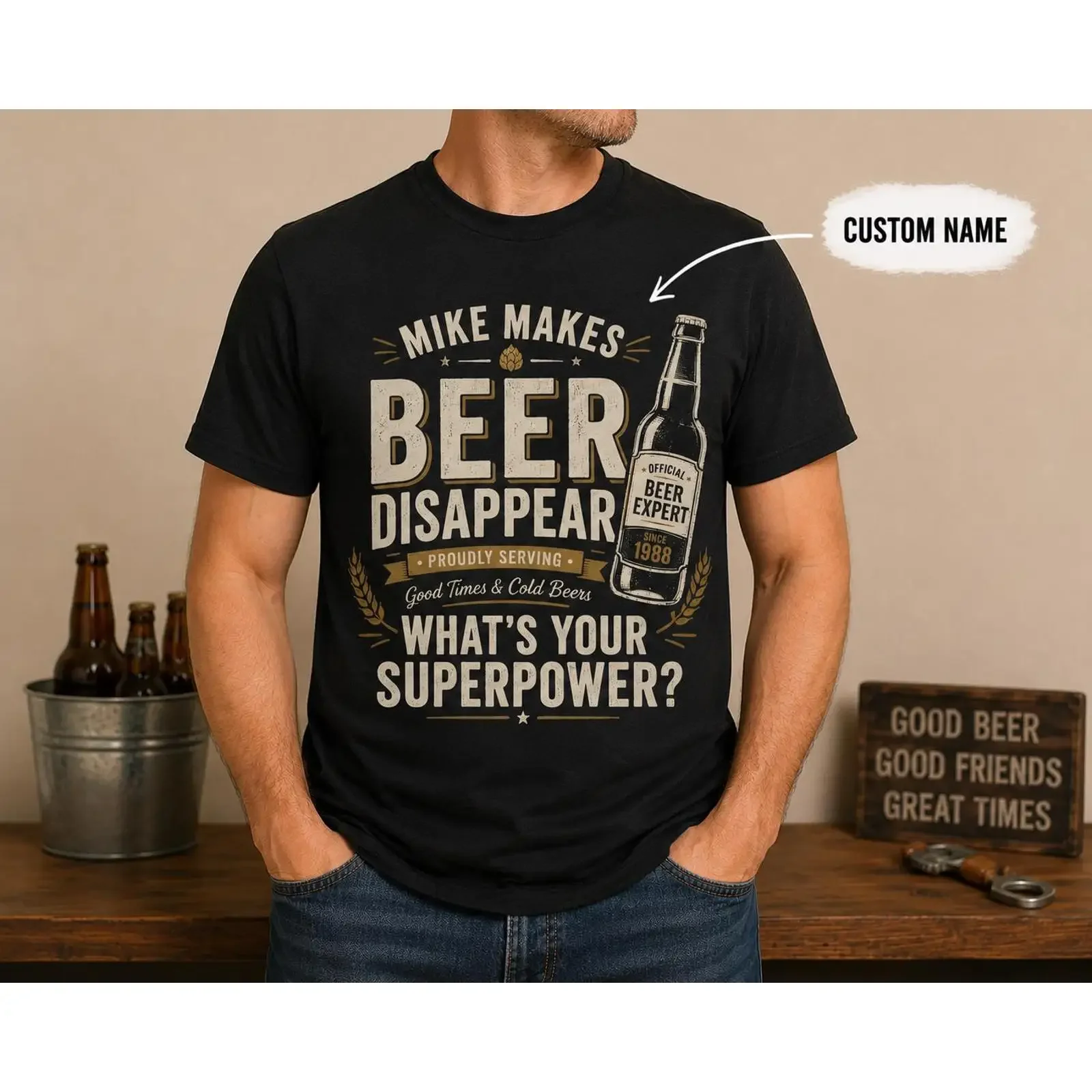 Custom Name Beer Lover T shirt Funny 'Beer Disappear Superpower' Expert for Dad Husband Boyfriend vintage Washed fashion