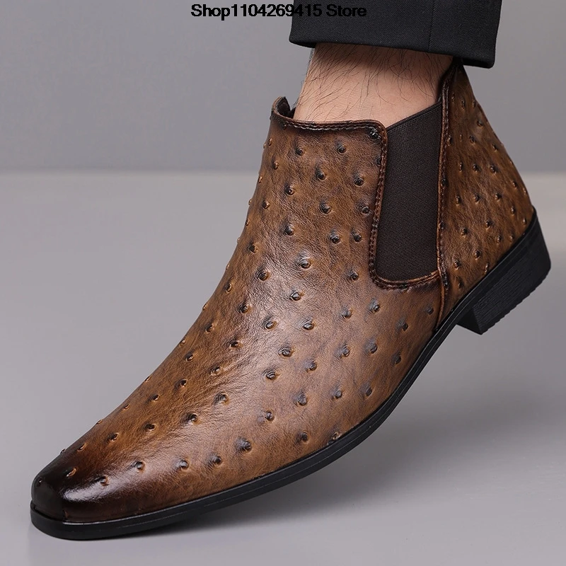 Mens Pointed Ostrich Pattern Pu Leather Casual Chelsea Ankle Boots Autumn Luxury Business High Top Shoes Zapatos Hombre