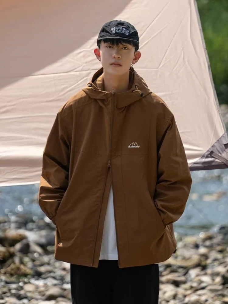

Safari Style Jackets Men Trendy Simple All-match Spring Autumn Rib Sleeve Hooded Solid Color American Streetwear Youthful Chic