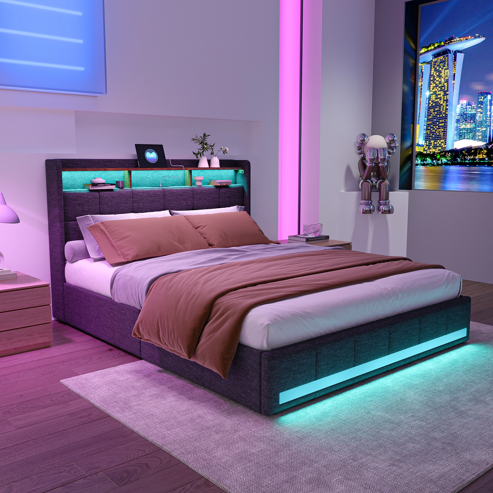 Rosahqnda Polster-Doppelbett 160 x 200 cm, Bett 180 x 200 cm mit Stauraum, Stauraumbett mit 4 Schubladen und LED-Beleuchtung