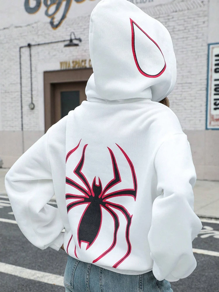 Y2k Spider Prints Hoodies Women Winter Harajuku Casual Loose Sweatshirt Fleece Warm Pocket Streetwear Hip Hop Womans Clothes