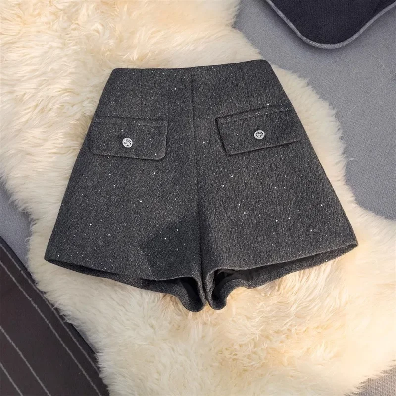 High-Waisted Tweed Style Woolen Shorts For Women Casual Sensibility Design Versatile Thermal Pants Cotton Material Winter Wear