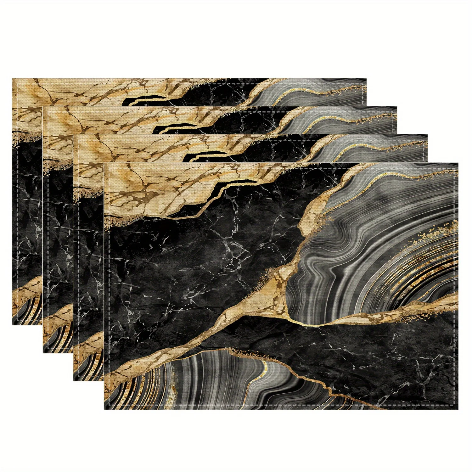 4pcs Black Gold Marble Placemats – Washable Polyester Table Mats, Heat Resistant Non-Slip for Dining Kitchen
