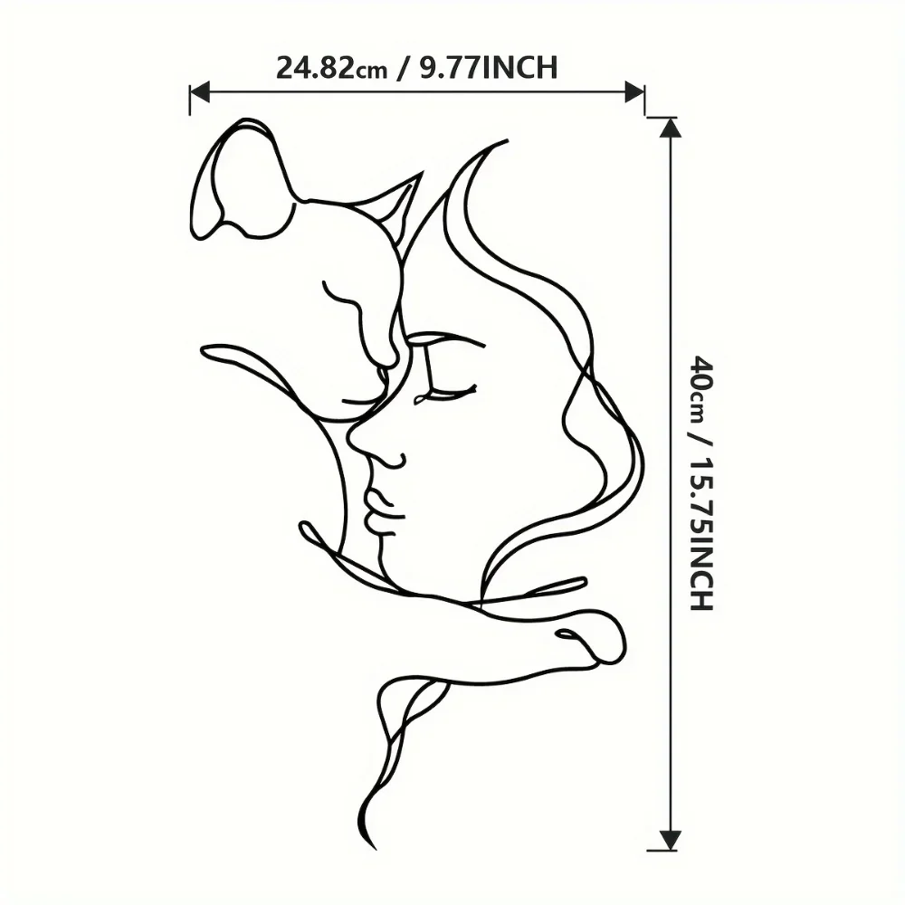 لوحة فنية معدنية أنيقة على شكل قطة وامرأة ، صورة ظلية سوداء بسيطة ، مثالية لمحبي القطط ، ديكور منزلي متطور