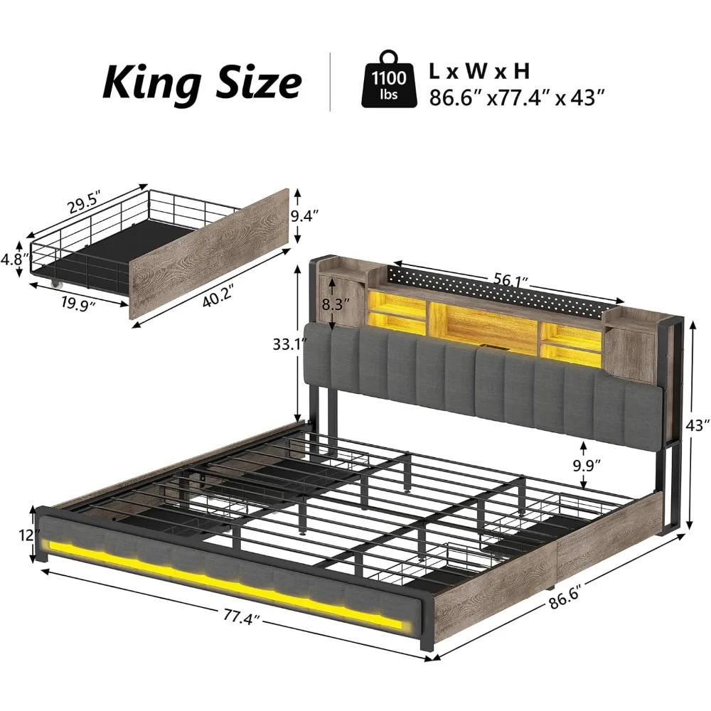 King Size Bed Frame and Bookcase Headboard, LED Upholstered Bed Frame King Size with Storage Drawers & Charging Station