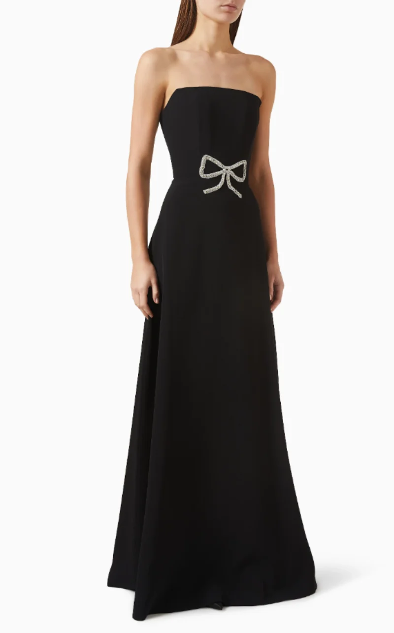 Op maat gemaakte Sparkle Jersey Plooi Strik Strass Galajurk A-lijn Mouwloze Lange Avondjurken Op maat gemaakte Gelegenheidsjurken Casual