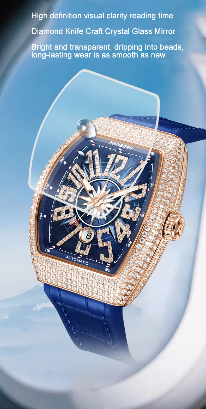 HANBORO-Reloj de pulsera automático para hombre, cronógrafo mecánico Tonneau de lujo, luminoso, resistente al agua, esfera solar, decoración de cristal de 445 piezas