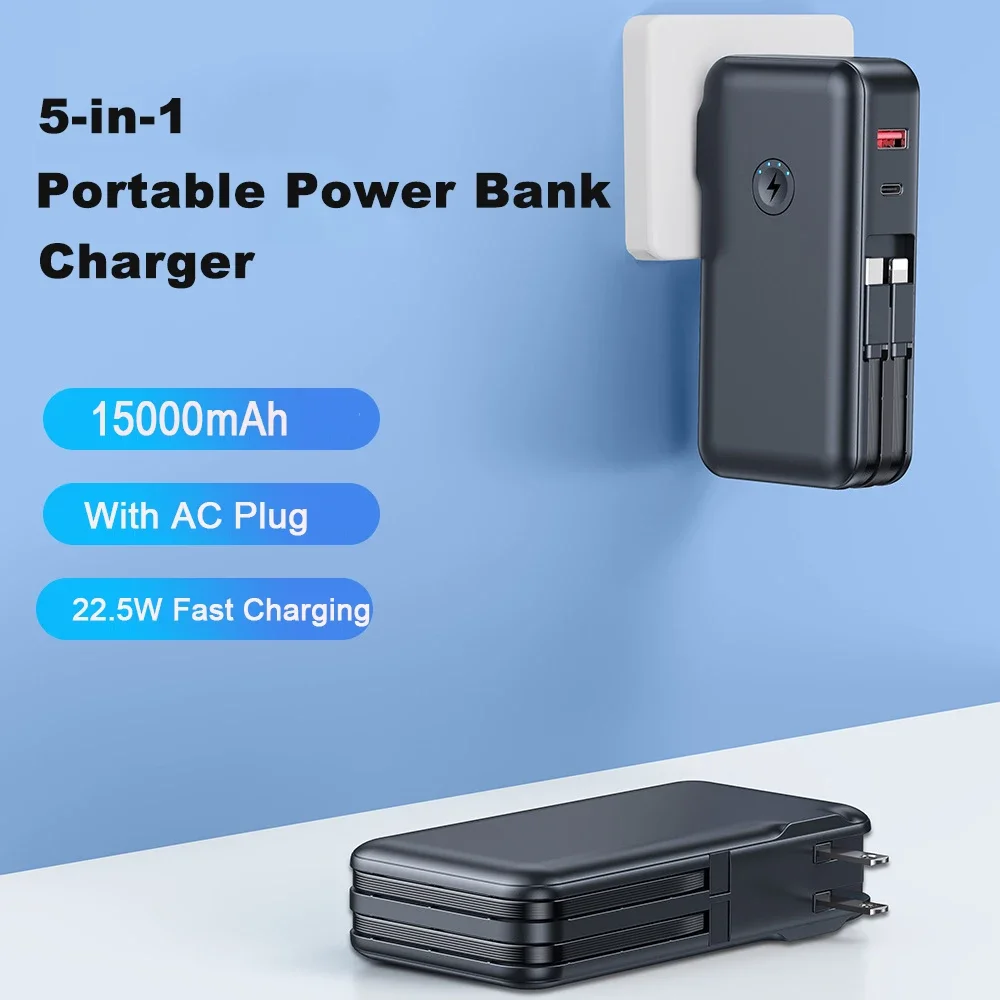 

Power Bank 15000mAh With AC Plug USB 22.5W Fast Charging External Battery Pack for iPhone 16 15 14 13 Xiaomi Samsung Power Bank