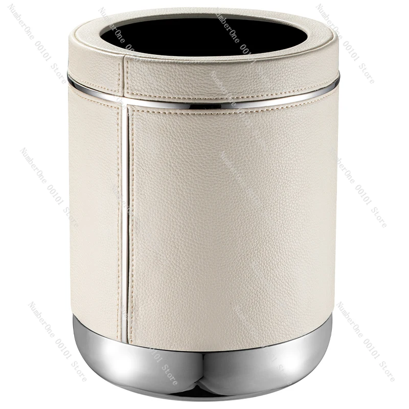 Stainless Steel Leather Household Trash Can Living Room Office Model Room Hotel Ornaments Cylinder Good-looking Light Luxury