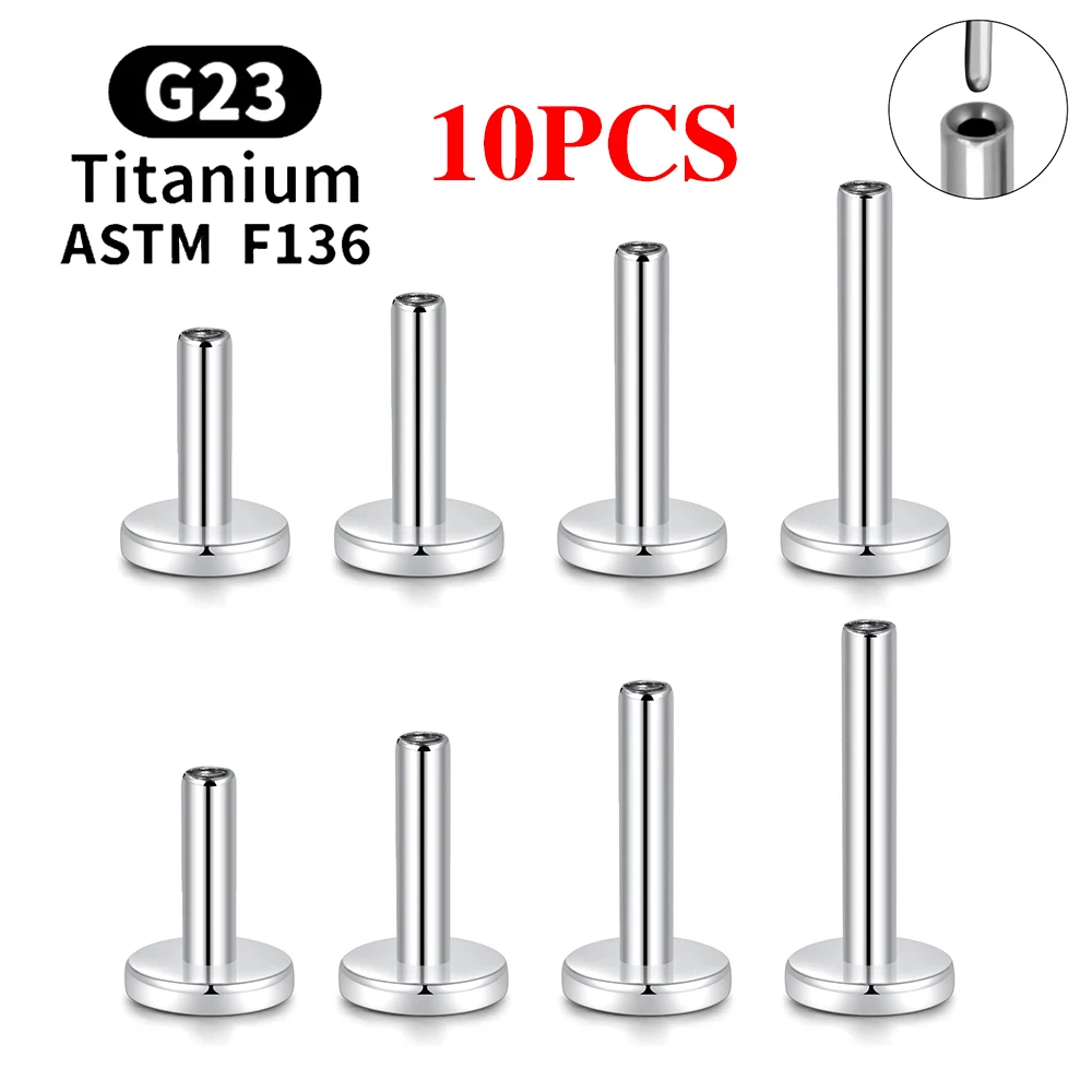 10PCS G23 Titanium Piercing Stud Earrings Rod Threadless Plug-in Base 20G/18G/16G Labret Lip Tragus Body Jewelry Accessories