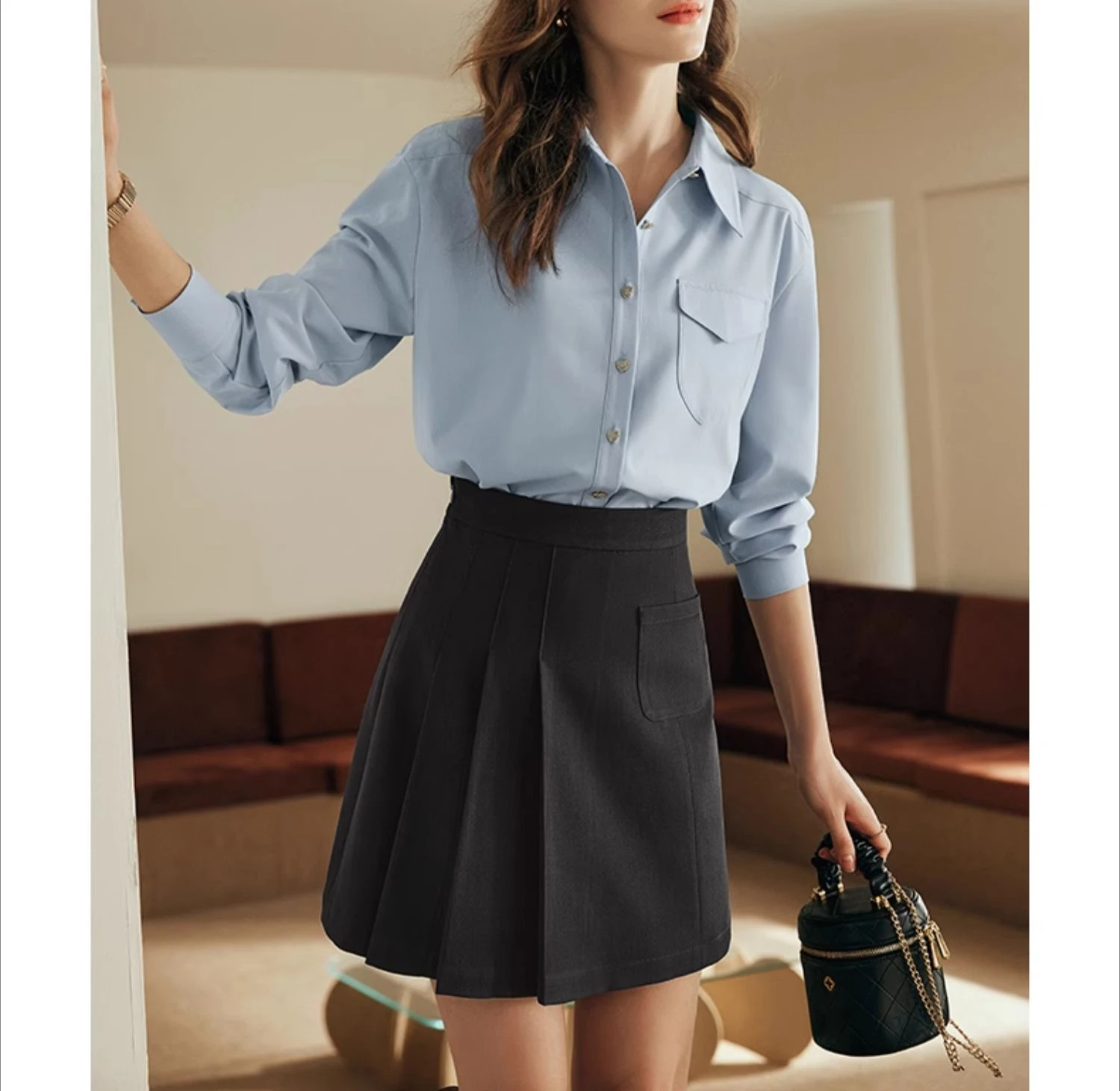 OLrain Women French POLO Neck Blue Shirts  2025 Heart Single Buttons Work Bussiness Wear Long Sleeve Ladies Blouses N56QC83011