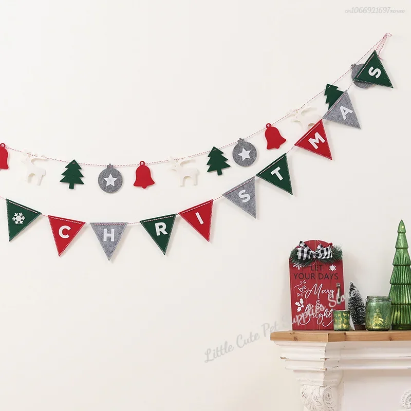 Merry Christmas Banner Wool Felt Triangle Flag Garland, Xmas Tree Hanging Ornaments, Home Decorations, Party Supplies