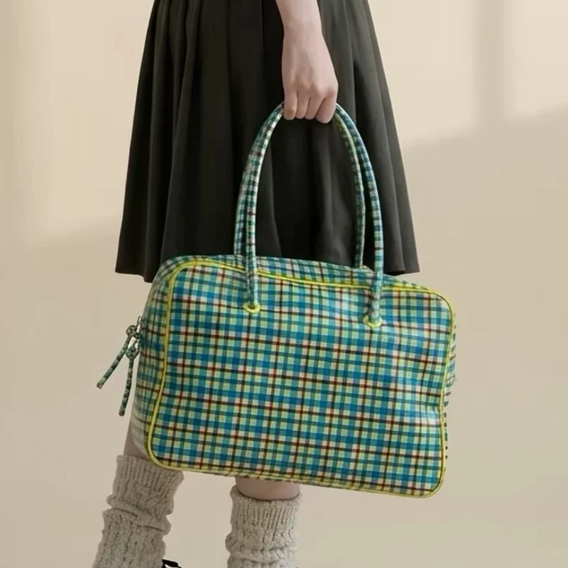 European Vintage Color Block Plaid Travel Handbag Large Capacity Oxford Cloth Shoulder Bag High Quality Travel Shopping Tote Bag