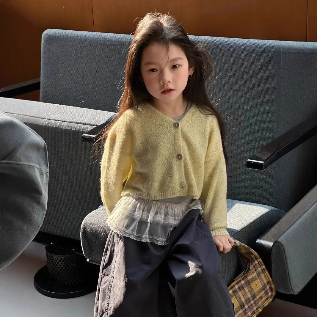 

Cardigan Korean Childrens Clothing 2025 Fashion Soft Knitted Cardigan Spring Clothing New Solid Color Sweater