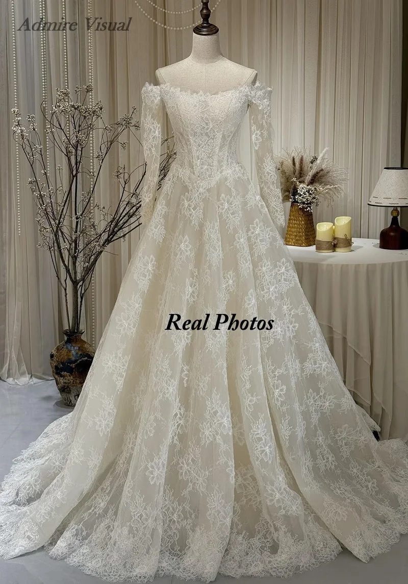 Vestido de Novia Personalizado Admire Visual, Corte en A, Escote Barco con Encaje, Mangas Desmontables, Vestidos de Novia Estilo Vichy