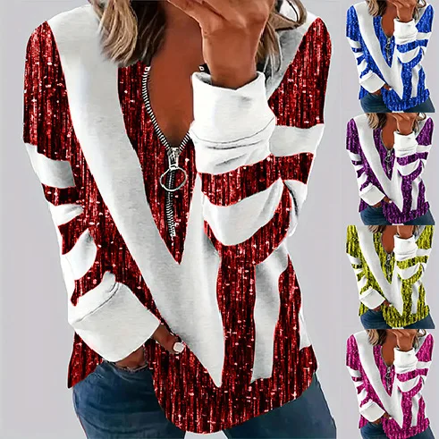 Novo casual confortável e elegante meio zip polo pescoço ombro feminino topo 3d listra impressão plus size roupas femininas