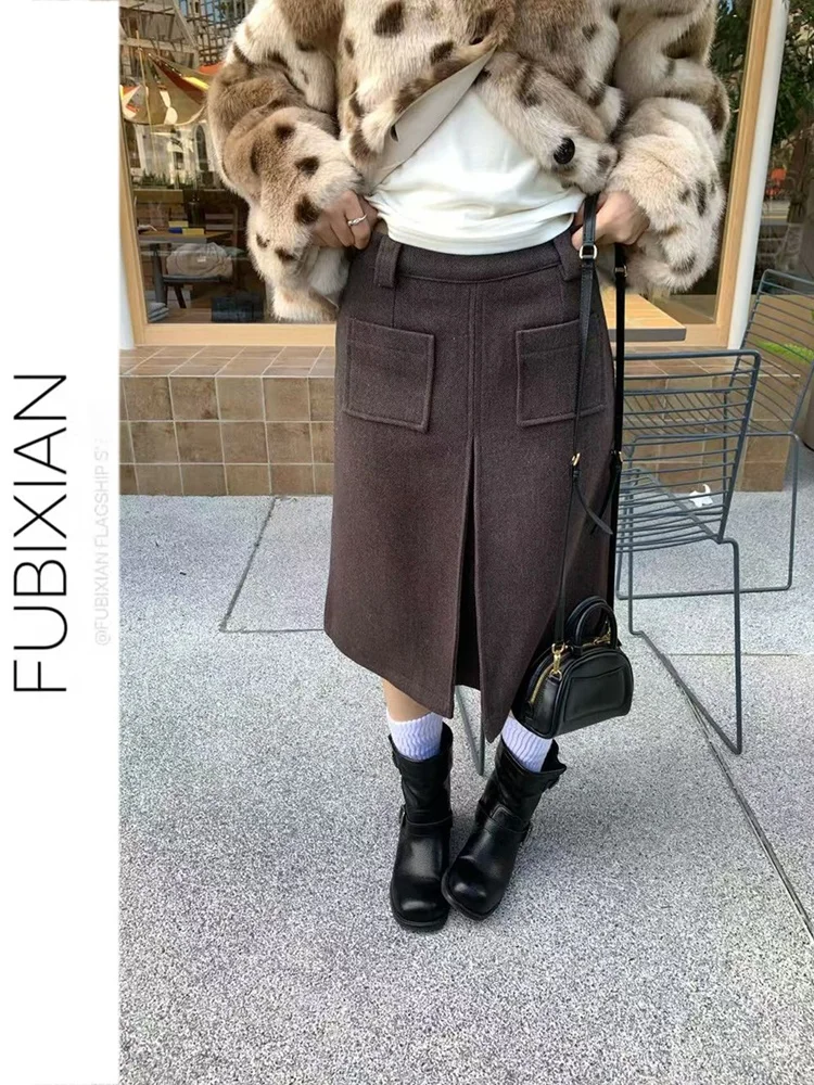 

Шерстяная юбка с высокой талией, плиссировкой и передними карманами, модная женская юбка А-силуэта в корейском стиле, миди, для зимы