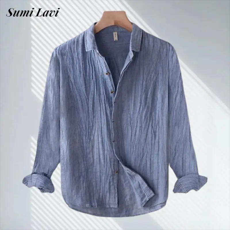Daily Leisure Solid Color Linen Shirts Mens Long Sleeve Buttoned Turn-down Collar Casual Shirt Spring Autumn Vintage Men's Shirt