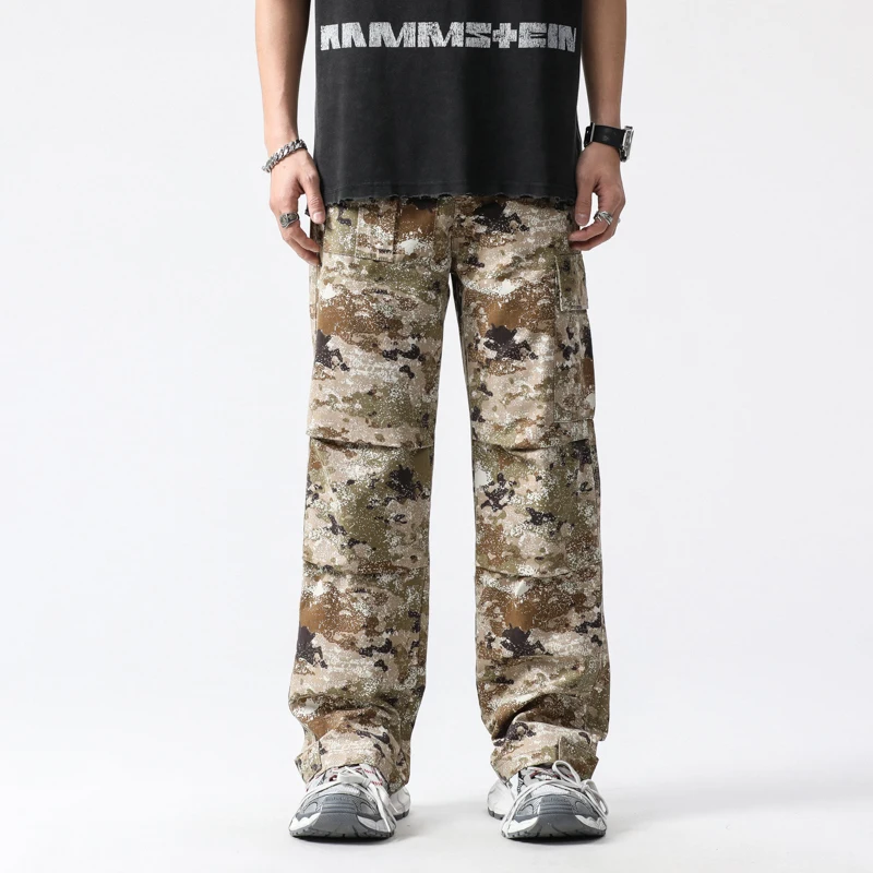 2024 autumn new loose straight pants camouflage overalls men's all-in-one multi-pocket casual pants