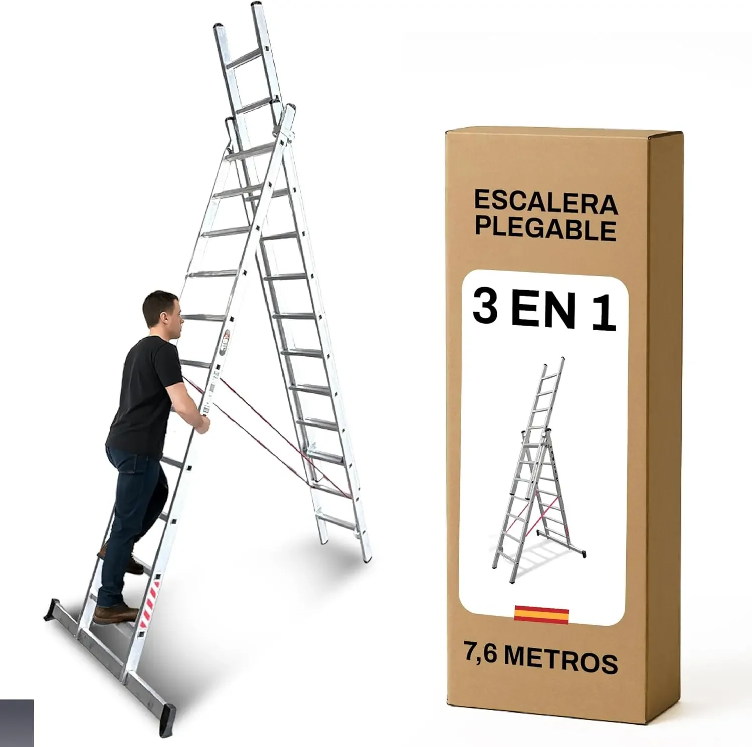 BTF |   Escalera de Aluminio 3 Tramos 3,0 MTS, 11 peldaños x Tramo |   Escalera Plegable Transformable y Extensible |   Altura alcanza