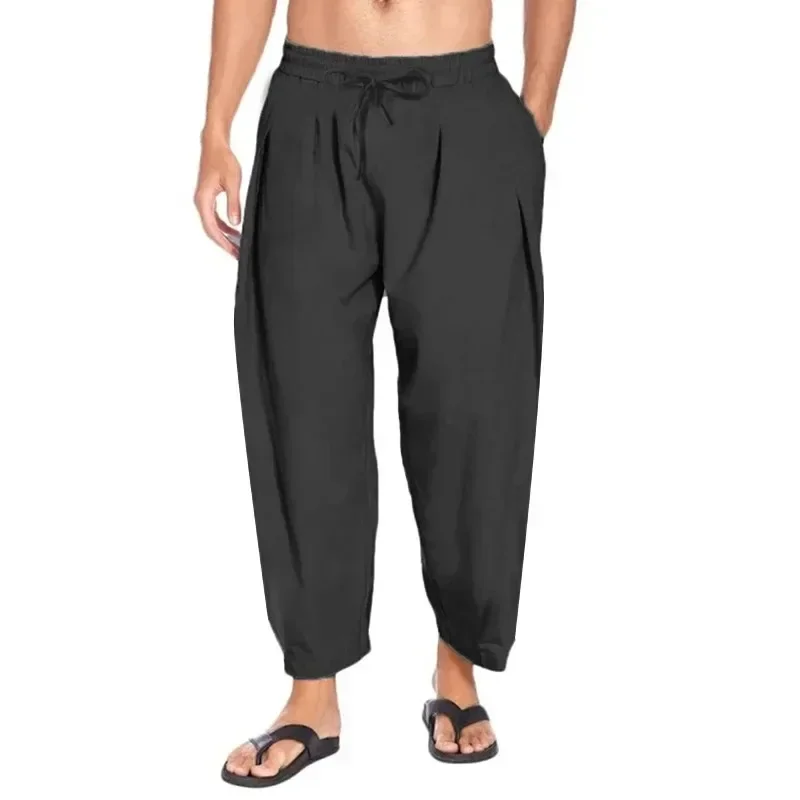 

Men's Linen Lightweight Street Clothes, Solid Cotton Long Pants, Beach Track and Field Breathable Casual Loose Oversized Pants