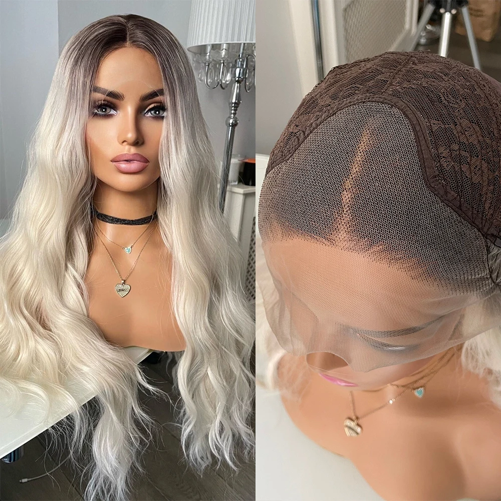 Ice Blonde 13x3 Lace Front Wig Heat Friendly Synthetic White Lace Wig With Dark Roots Free Style Rooted Blonde Wavy Wigs 150%