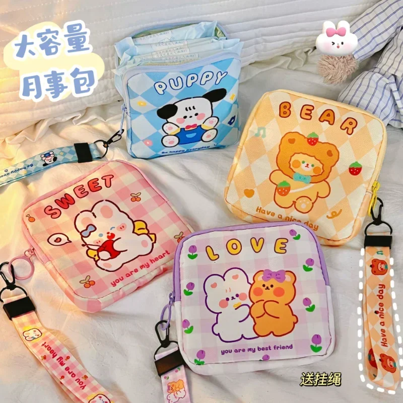 Cartoon Girls Sanitary Napkin Storage Bag Canvas Sanitary Pads Bags Coin Purse Lipstick Makeup Organizer Credit Card Pouch Case