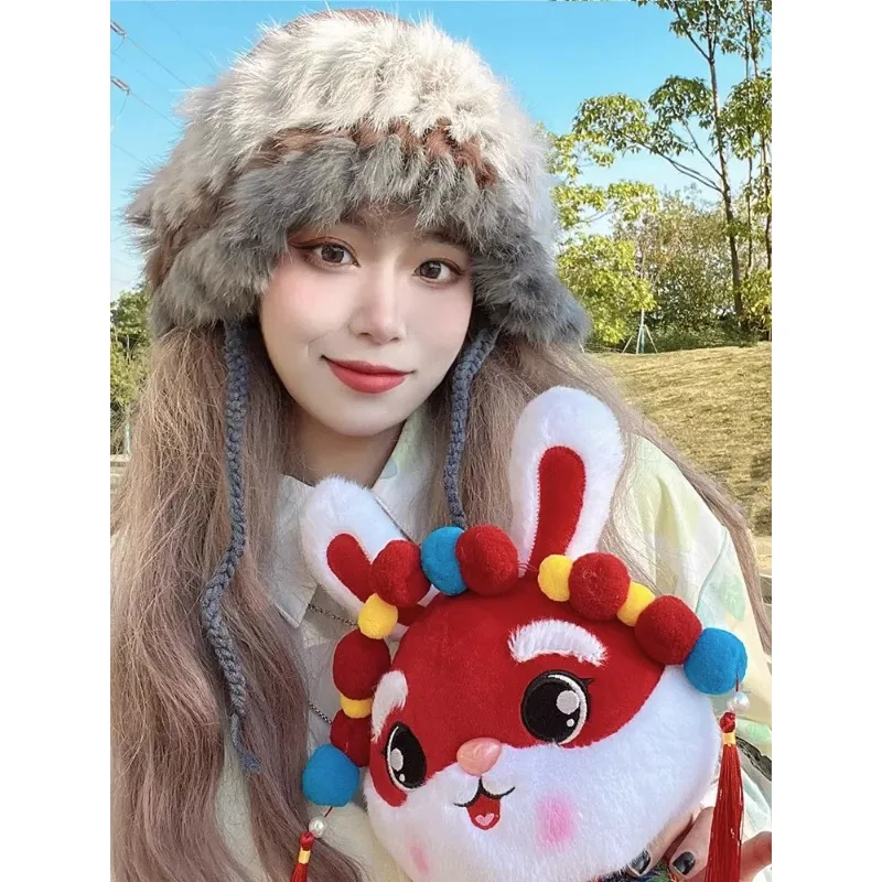 

Autumn and Winter New Simple Fashion Hat Female Rabbit Hair Blend Garden Hand-woven Warm Plush Ear Protection Lei Feng Hat Male