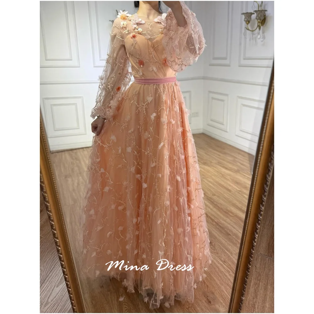 

Mina Customized 3D Flowers Arabic Evening Dress Luxury Elegant Puff Sleeves Sequins Prom Dresses Luxury Formal Occasion Dresses
