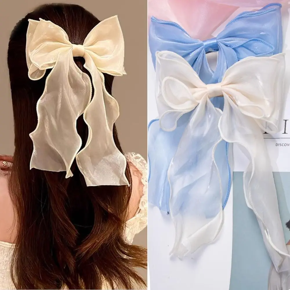 1Pc Girls Bow Tie Ribbon Hair Clip New Cute Long-tail Rear Spoon Clip Gauze Ribbon Bow Hair Accessories Mesh Yarn Hair Ribbons