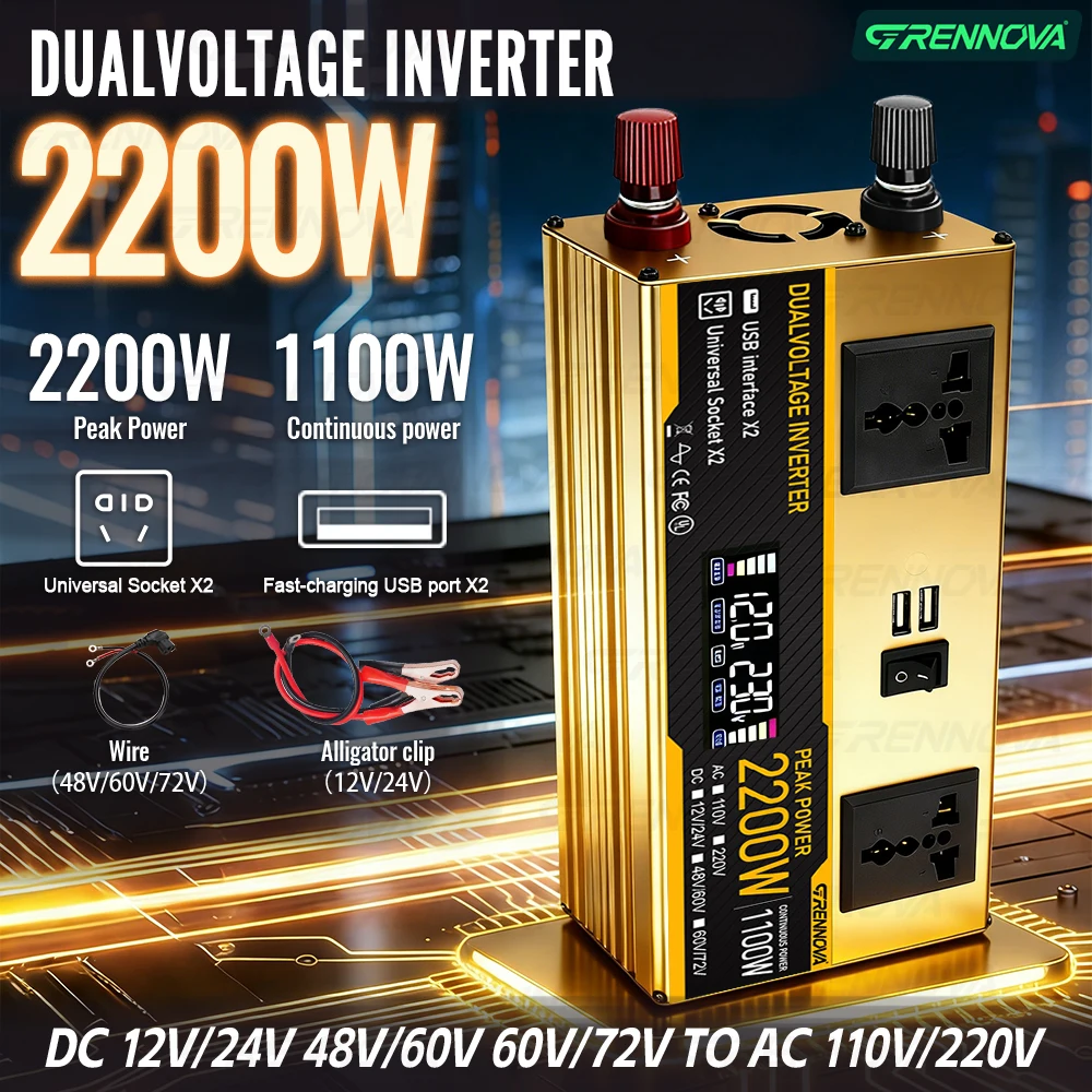 

Grennova 2200W Universal Voltage Inverter 12V-72V to 110V/220V w/ LCD Screen Dual AC Output for Power Tools RV Home Backup