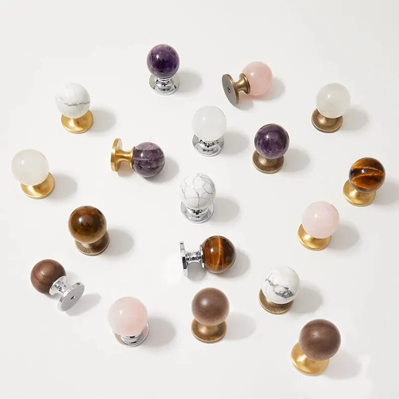 Natural Crystal with Brass Round Knobs for Cabinets and Drawers Single Hole Creative Wardrobe Pulls Copper Furniture Handles