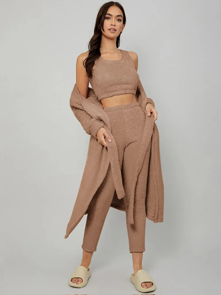 

BKLD New Fashion Solid Color Leisure Homewear Pant Sets Long Sleeve Plush Strap Coats And Vest Three Piece Sets Women Clothing