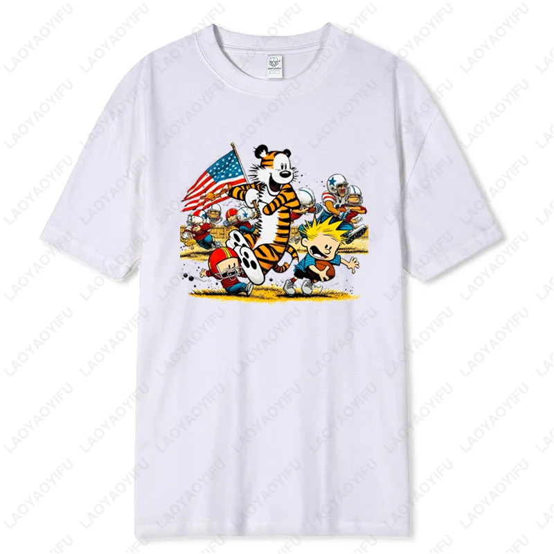 Calvin und Hobbes Rugby-Grafik-T-Shirt aus Baumwolle für Männer und Frauen, Vintage-Cartoon-Charakter-Druck, weiche, atmungsaktive Loungewear-Oberteile
