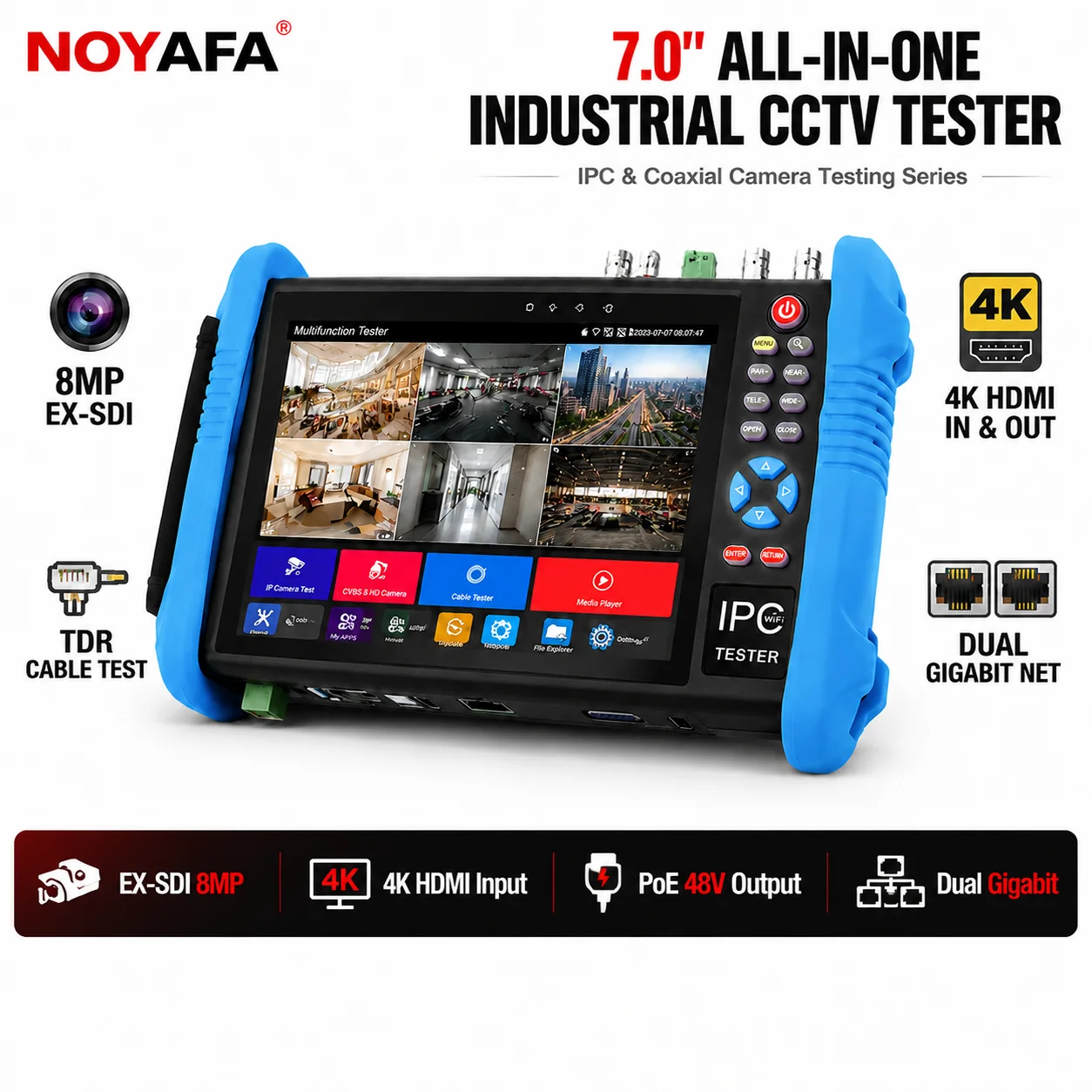 NOYAFA 7 Inch CCTV Tester (IPC-9800 / NF-IPC716), 8MP AHD CVI TVI & 4K IP Security Camera Monitor with HDMI Input/Output & 48V P