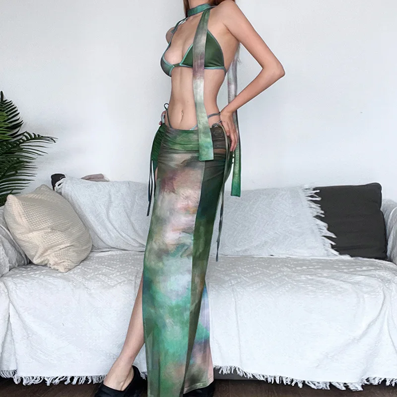 Summer Fashiontie Tie-dye Printed Long Dresses Bikini Set Beach Wear Bra Briefs Scard with Long Slit Skirt Bathing Suit Swimsuit