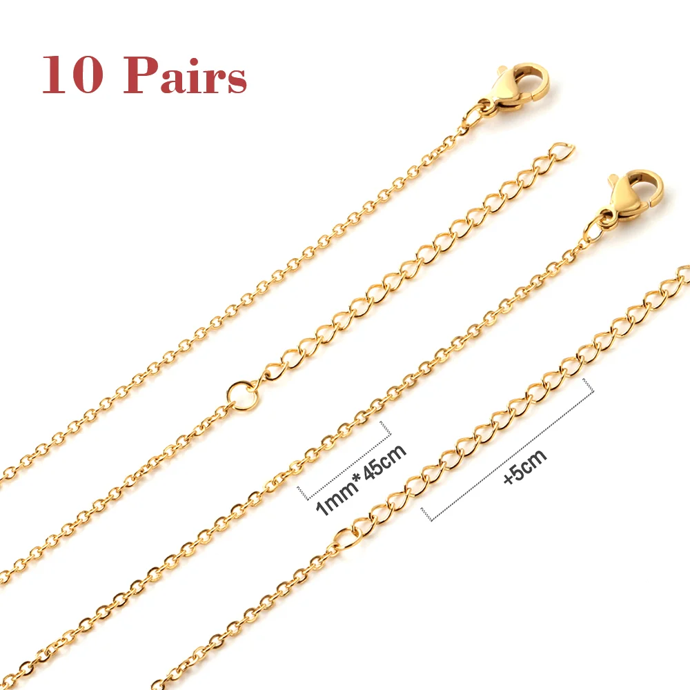 10Pcs Wholesale Stainless Steel Cable Link Chain Necklaces, 1mm Thin Chain With 5cm Extender 45+5cm, Gold & Steel Color Bulk